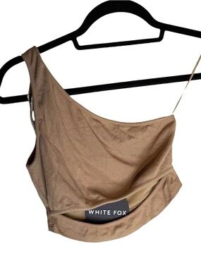 White Fox First Love One-Shoulder Crop Top in Taupe